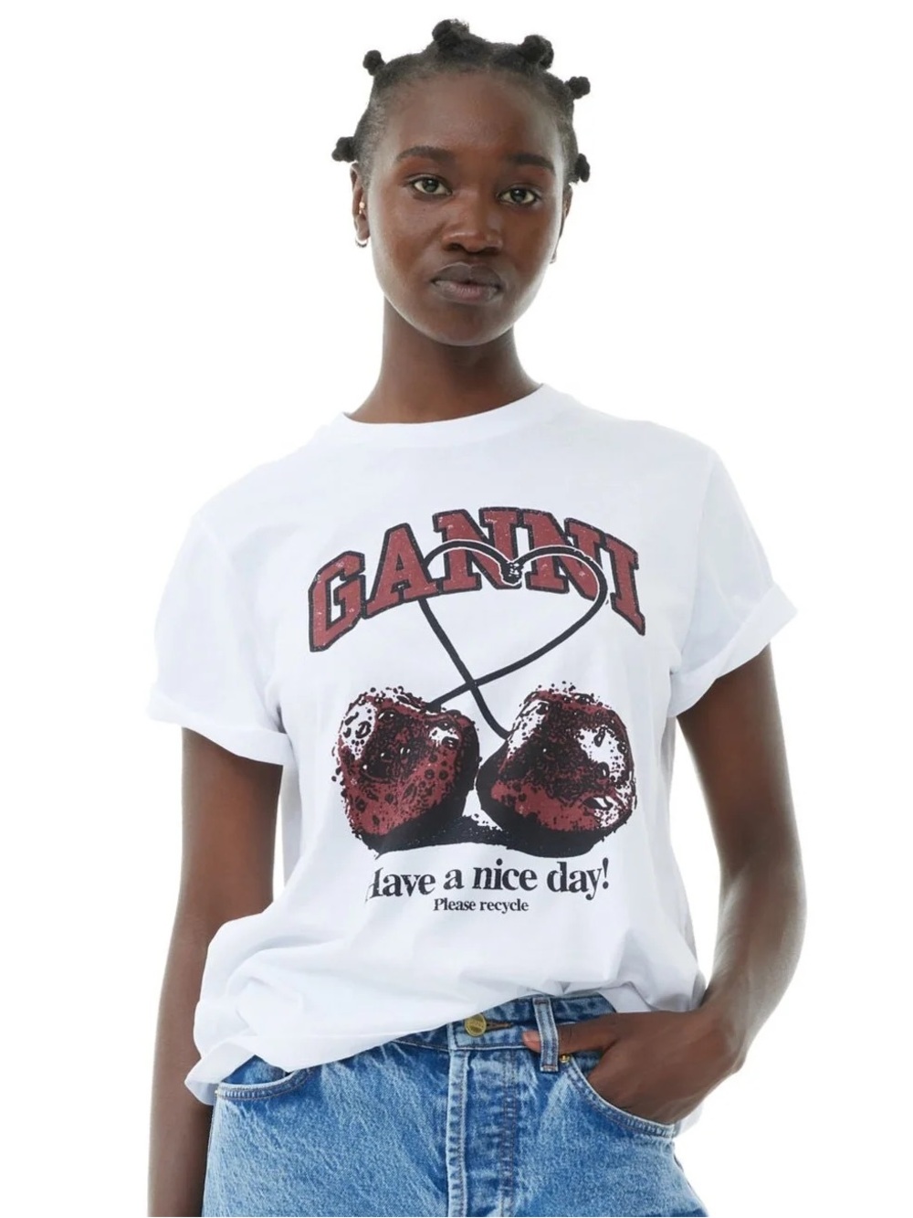 GANNI RELAXED CHERRY COTTON TSHIRT